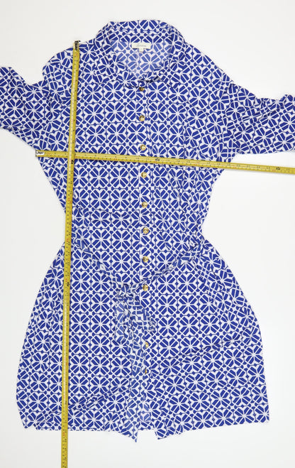 Linea Women Blue Geometric Collared Shirt Dress Size 18