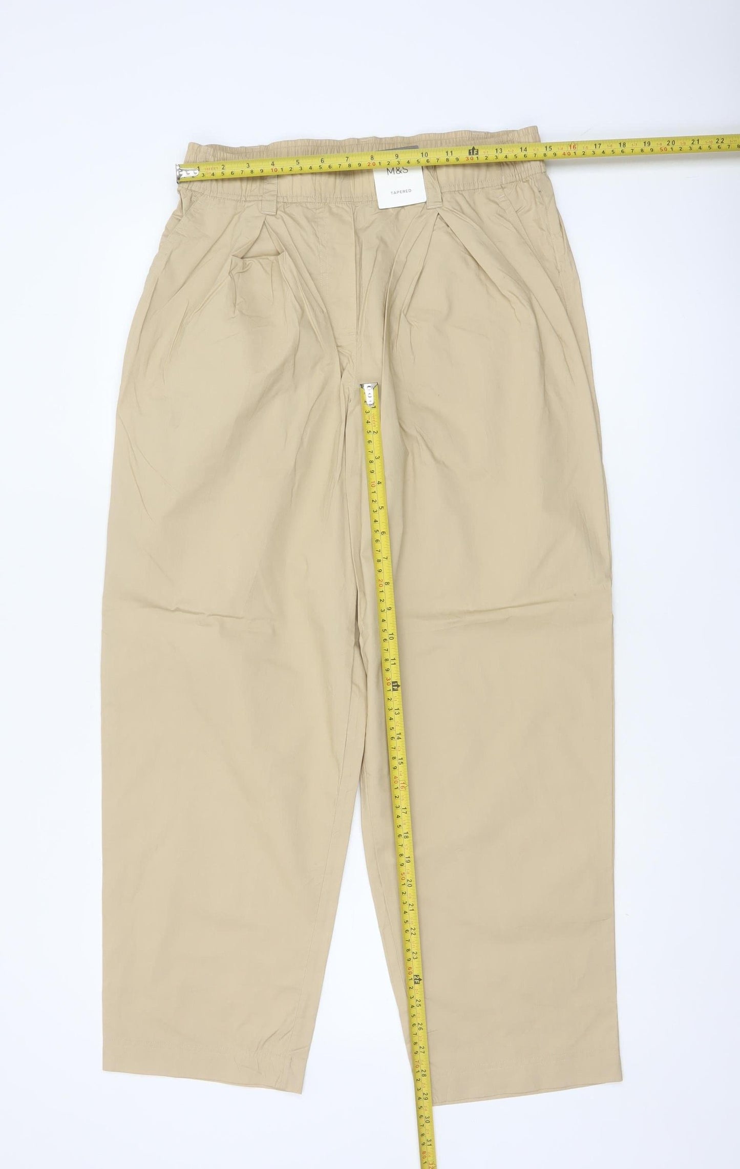Marks & Spencer Women Beige Size 12 Regular Tapered Cotton Trousers