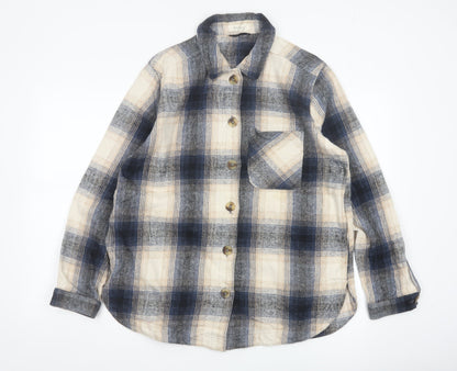 Woolovers Women Blue Plaid Cotton Flannel Button-Up Shirt UK 14