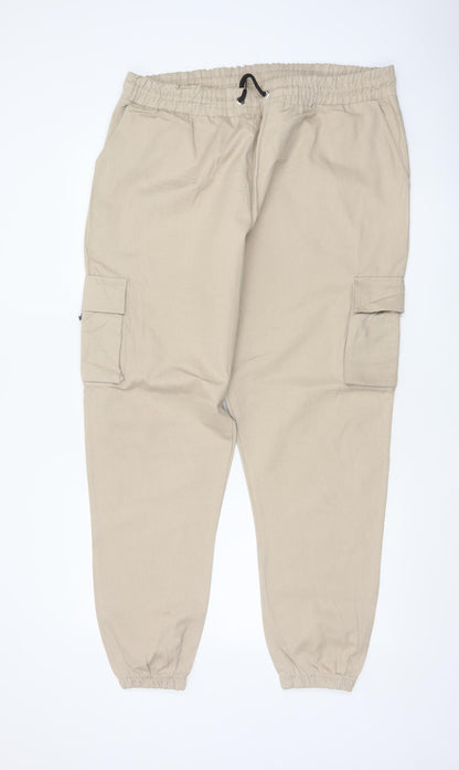 boohooMAN Men's Beige 4XL Cargo Trousers Cotton Cuffed Joggers
