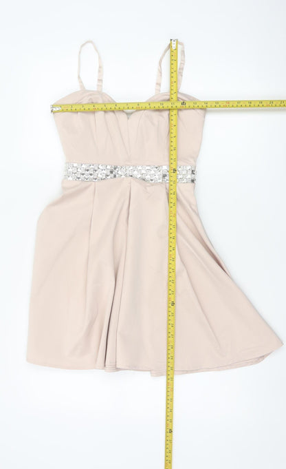 Lipsy Women Beige Size 8 Fit & Flare Rhinestone Party Mini Dress