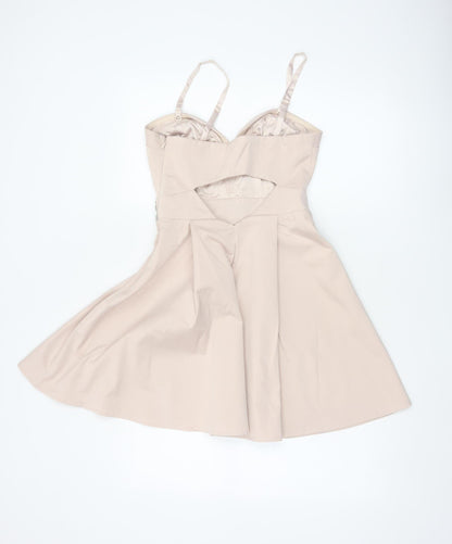 Lipsy Women Beige Size 8 Fit & Flare Rhinestone Party Mini Dress