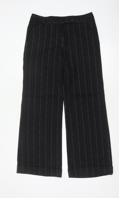 Next Women’s Black Striped Wool Blend Wide-Leg Trousers UK 10 Regular