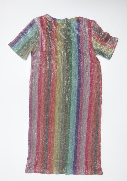 Zara Women Multicoloured Sequin Striped Midi Sheath Dress Size S