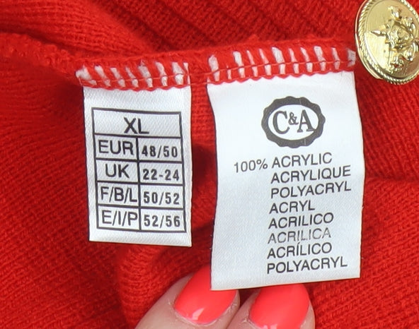 Canda Women Red UK 24 V-Neck Button Knit Vest Cardigan Pockets