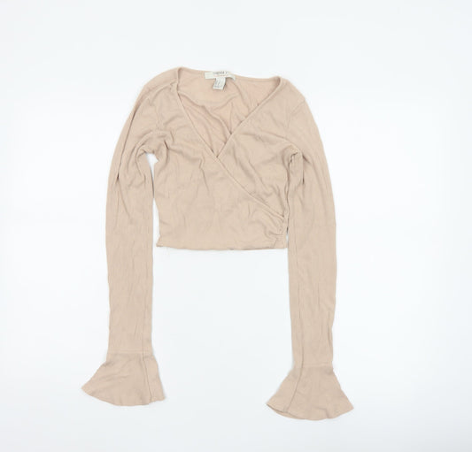 Forever 21 Women Beige UK 8 Ribbed Wrap Cropped Flared Sleeve Blouse