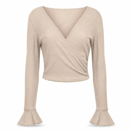Forever 21 Women Beige UK 8 Ribbed Wrap Cropped Flared Sleeve Blouse
