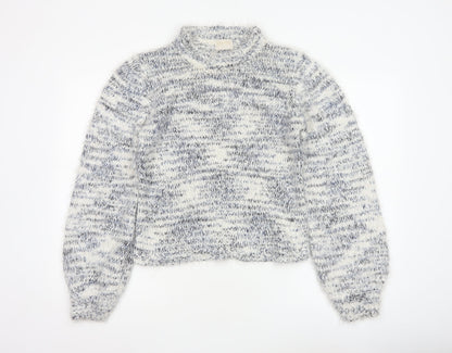 Lauren Taylor Women’s Blue Ivory Stripe Chunky Knit High Neck Jumper M
