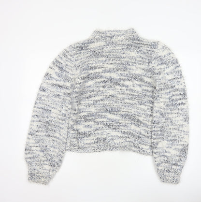 Lauren Taylor Women’s Blue Ivory Stripe Chunky Knit High Neck Jumper M