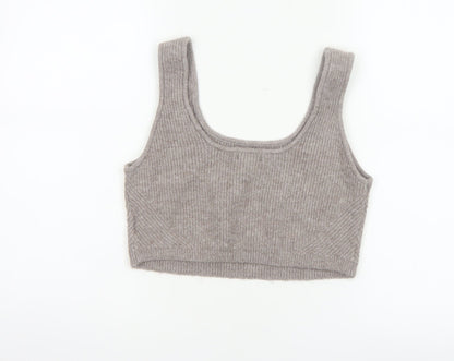 H&M Women Grey UK 14 Cropped Rib Knit Scoop Neck Tank Top