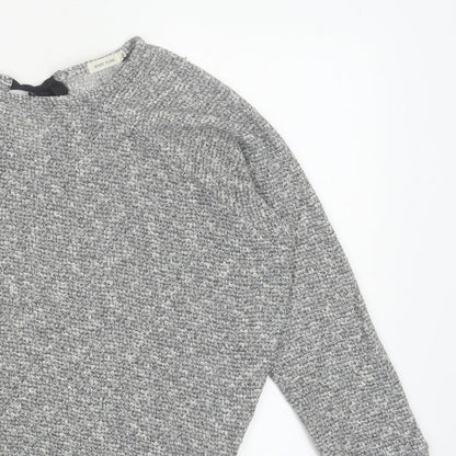 River Island Women Grey Size 10 Knit Tie Back Long Sleeve Basic Top