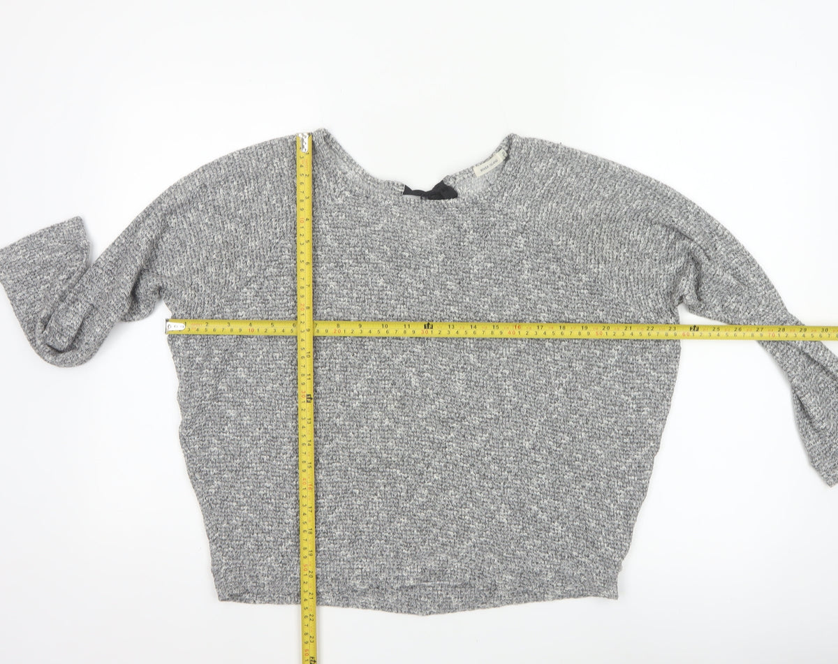 River Island Women Grey Size 10 Knit Tie Back Long Sleeve Basic Top