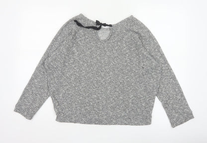 River Island Women Grey Size 10 Knit Tie Back Long Sleeve Basic Top