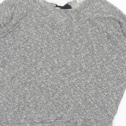 River Island Women Grey Size 10 Knit Tie Back Long Sleeve Basic Top