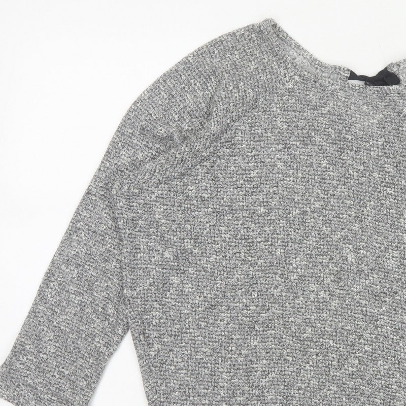 River Island Women Grey Size 10 Knit Tie Back Long Sleeve Basic Top