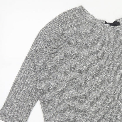 River Island Women Grey Size 10 Knit Tie Back Long Sleeve Basic Top