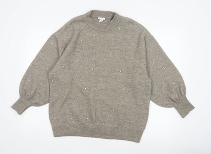 H&M Mama Women’s Grey M Pearl Embellished Mock Neck Knit Jumper