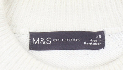 Marks & Spencer Women White XS Striped Crew Neck Knit Pullover Jumper