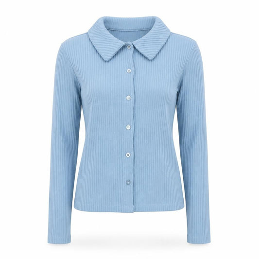 ASOS Design Women Blue S Ribbed Collared Button-Up Long Sleeve Top