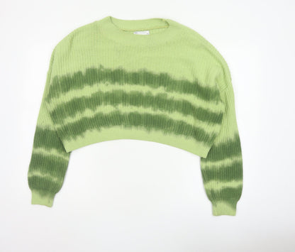ASOS Design Women Green Striped Knit Jumper UK 14 Crew Neck Cropped