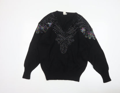 Lady Joyce Women’s Black 38 Vintage Sequin Butterfly V-Neck Jumper