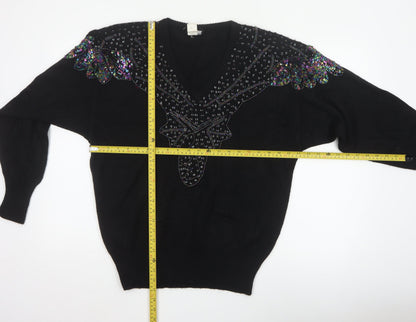 Lady Joyce Women’s Black 38 Vintage Sequin Butterfly V-Neck Jumper