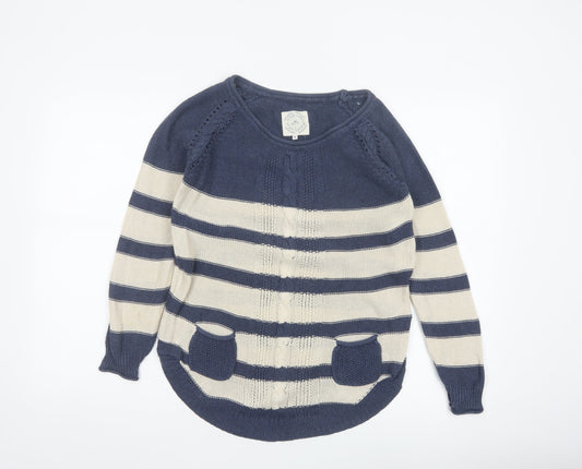 Additional front view of Mantaray Women’s Blue Ivory Stripe Cable Knit Pocket Jumper UK 8 Cotton