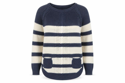 Front view of Mantaray Women’s Blue Ivory Stripe Cable Knit Pocket Jumper UK 8 Cotton