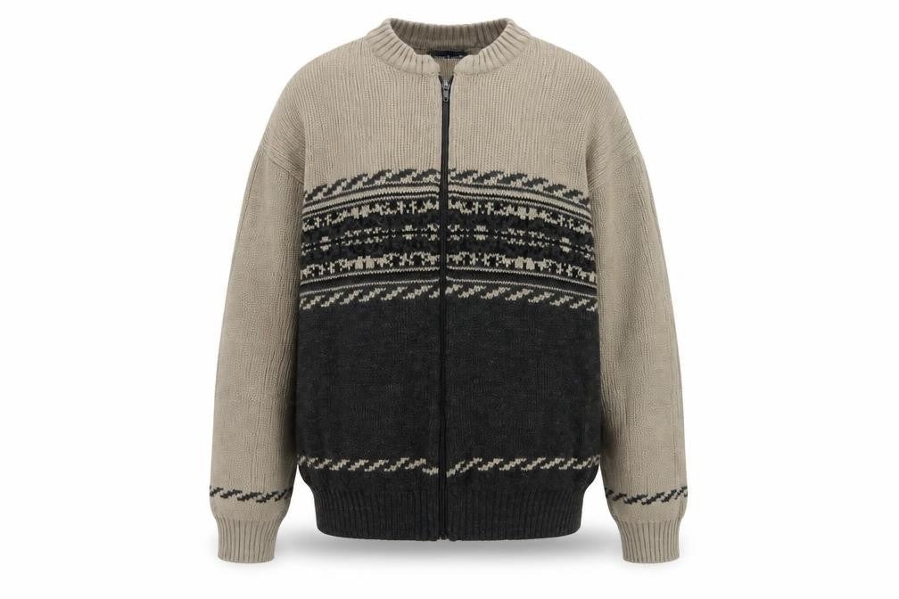 Puritan Men's Beige Black S Fair Isle Full Zip Knit Jumper