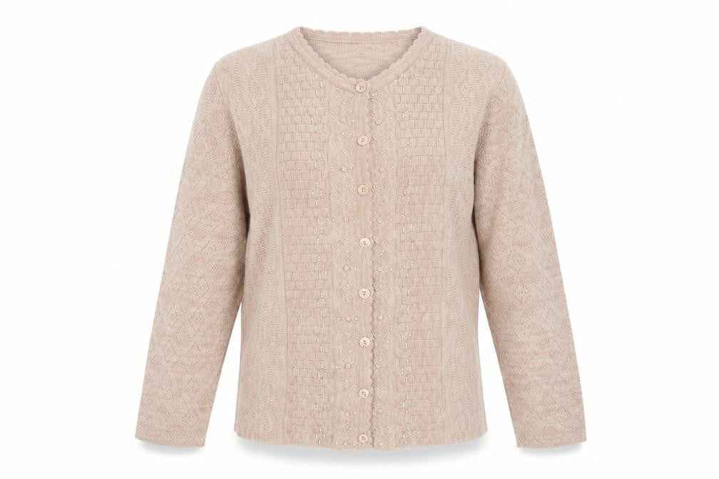 Genesis Women Beige M Embellished V-Neck Button Knit Cardigan