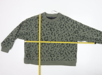 M&S Women’s Khaki Leopard Print Fuzzy Knit Jumper UK 16 Crew Neck