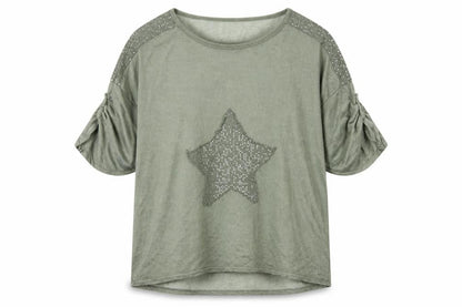 Izabel Women Grey Size 10 Star Sequin Jersey Balloon Sleeve T-Shirt
