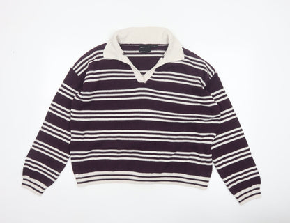 ASOS Design Women Purple Ivory Striped Collared Knit Jumper UK 12-14 M