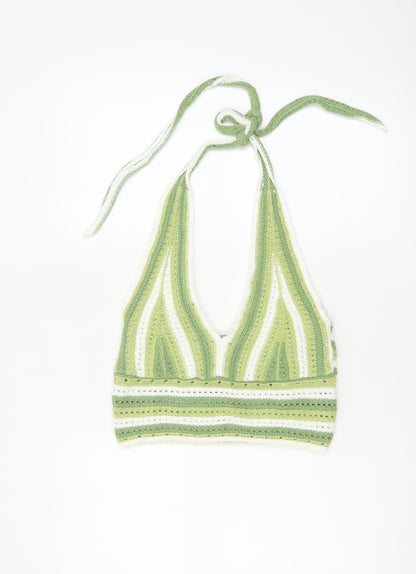 Hollister Women Green White Striped Crochet Halter Cropped Tank Top M