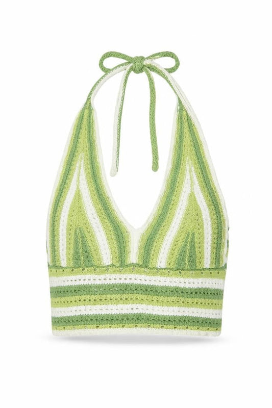 Hollister Women Green White Striped Crochet Halter Cropped Tank Top M