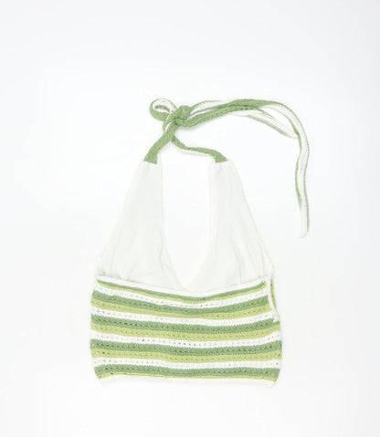 Hollister Women Green White Striped Crochet Halter Cropped Tank Top M