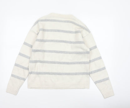 Marks & Spencer Women Ivory Silver Glitter Striped Knit Jumper Size S