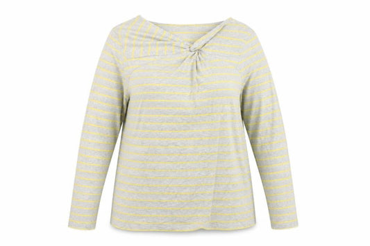 Cotton Traders Women Grey Yellow Striped Twist Neck Jersey Top UK 18