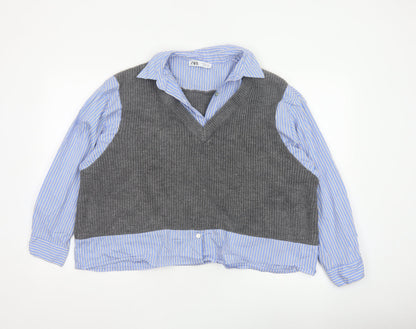 Zara Women Blue Stripe Shirt Grey Knit Vest Long Sleeve Size 6