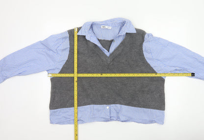 Zara Women Blue Stripe Shirt Grey Knit Vest Long Sleeve Size 6