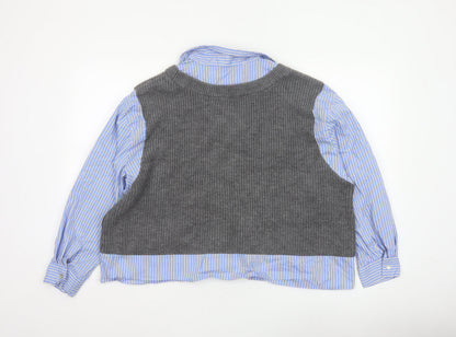 Zara Women Blue Stripe Shirt Grey Knit Vest Long Sleeve Size 6