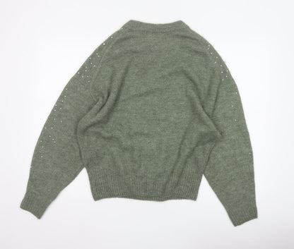 H&M Women’s Green Pearl Beaded Crew Neck Knit Jumper Size S
