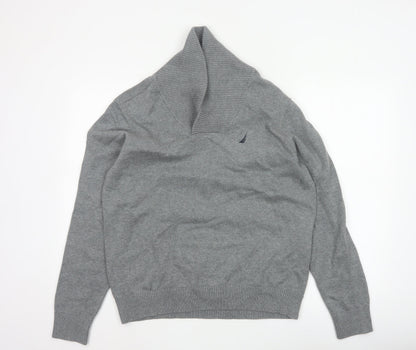 Nautica Men’s Grey M Cotton Shawl Collar Logo Pullover Jumper