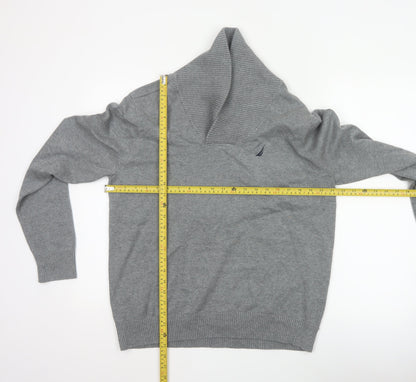 Nautica Men’s Grey M Cotton Shawl Collar Logo Pullover Jumper