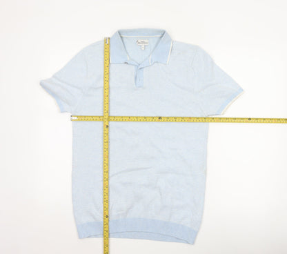 Next Men’s Blue Herringbone Knit Polo Shirt Size M Short Sleeve Cotton