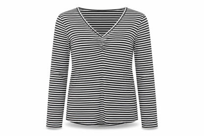 Fransa Women Black White Striped XL Jersey V-Neck Long Sleeve Top