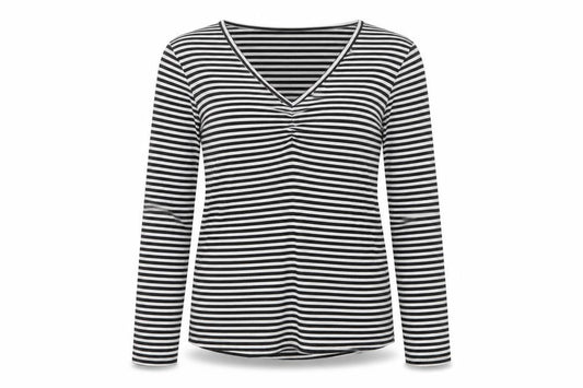 Fransa Women Black White Striped XL Jersey V-Neck Long Sleeve Top