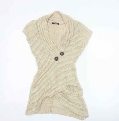 Jane Norman Women Beige UK 12 Cable Knit Short Sleeve Cardigan Cowl Neck