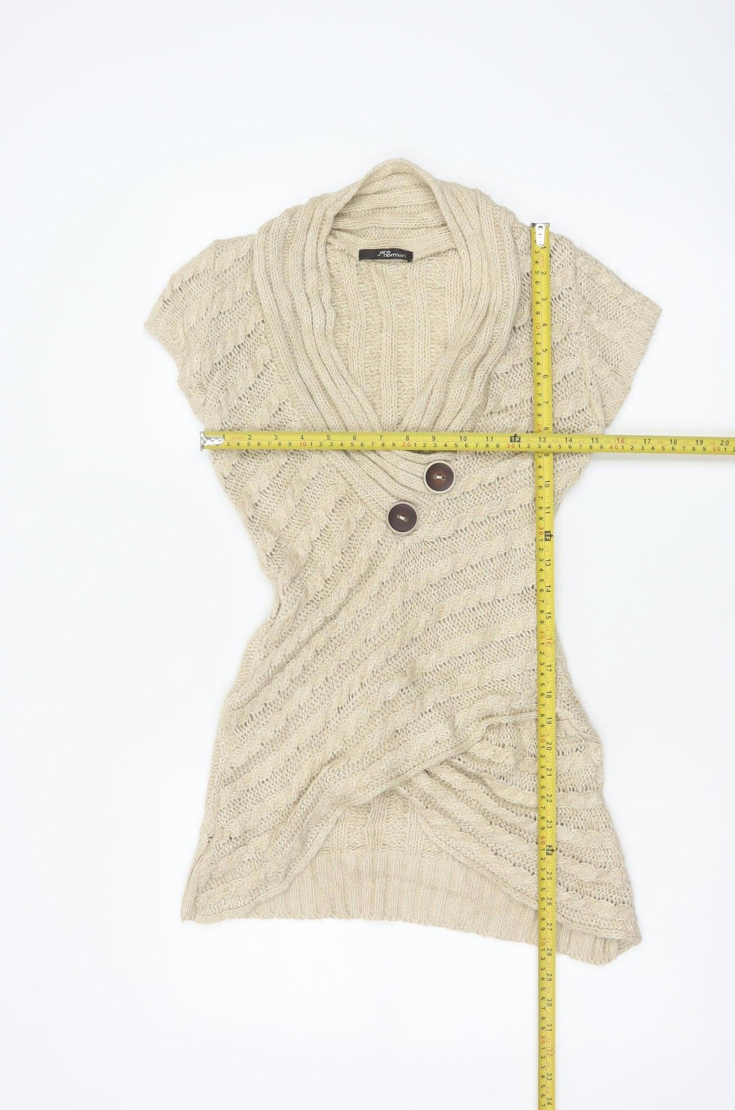 Jane Norman Women Beige UK 12 Cable Knit Short Sleeve Cardigan Cowl Neck