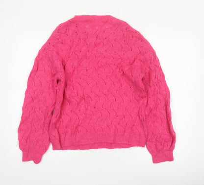 Hush Women’s Pink XS Alpaca Wool Open-Knit Crew Neck Pullover Jumper